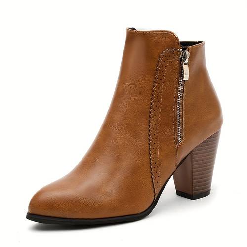 womens black ankle boots with side zipper chunky heel round toe pu cover booties breathable mesh lining slip resistant rubber sole for casual semi formal outfits semiformal footwear sleek boot design women shoes