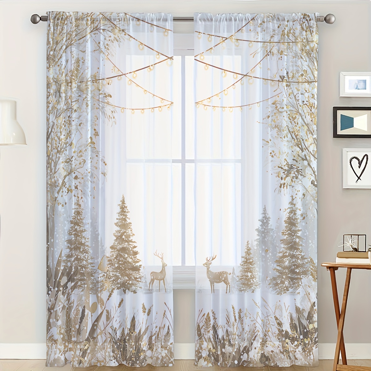 TEMU 2pcs Rideaux Semi-Transparents Décoration Intérieure, Rideaux Voilés Imprimés Forêt de Rêve Ambiance Chaleureuse de Fête Décoration de Fenêtre