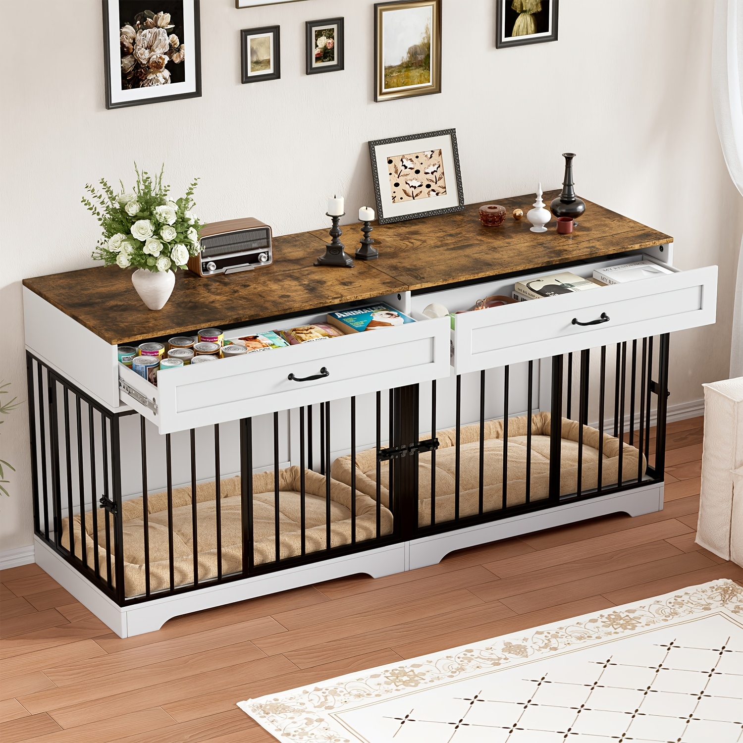 TEMU Extra Large Indoor Cage & Tv Stand - Heavy-duty Multi-door Dog Pen With Removable Partition, 2 Drawers, Chew-resistant Wood & Metal Frame -
