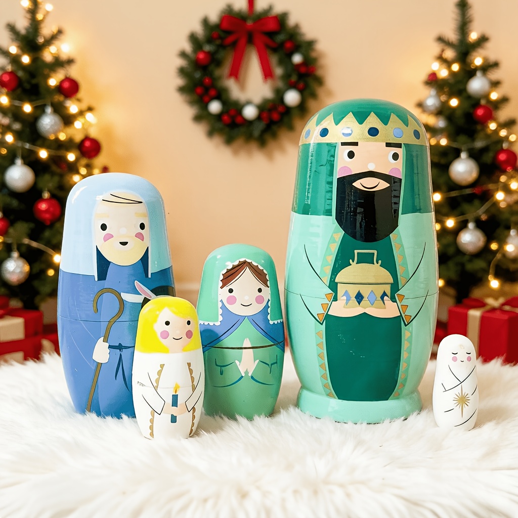Image of 5pcs/set Wooden Nesting Dolls For Kids, Educational Toy, Handmade Collectible Artwork, Ideal Gifts And Decorative Ornaments For Christmas, Parties And Other Festivals
