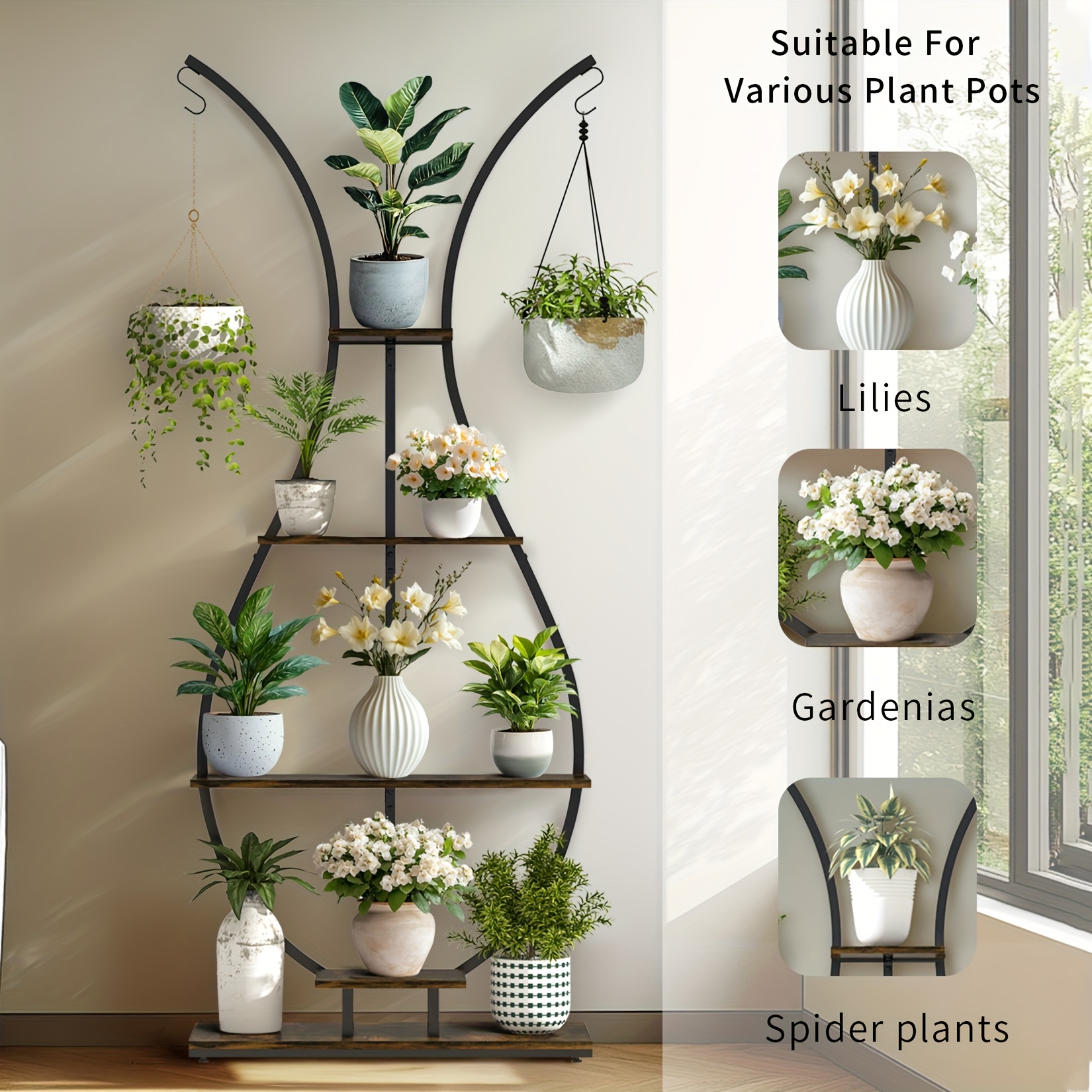 vase shape plant stand metal frame indoor 5 tiered tall plant shelf with hanging hook multiple planter display rack for   room balcony decor