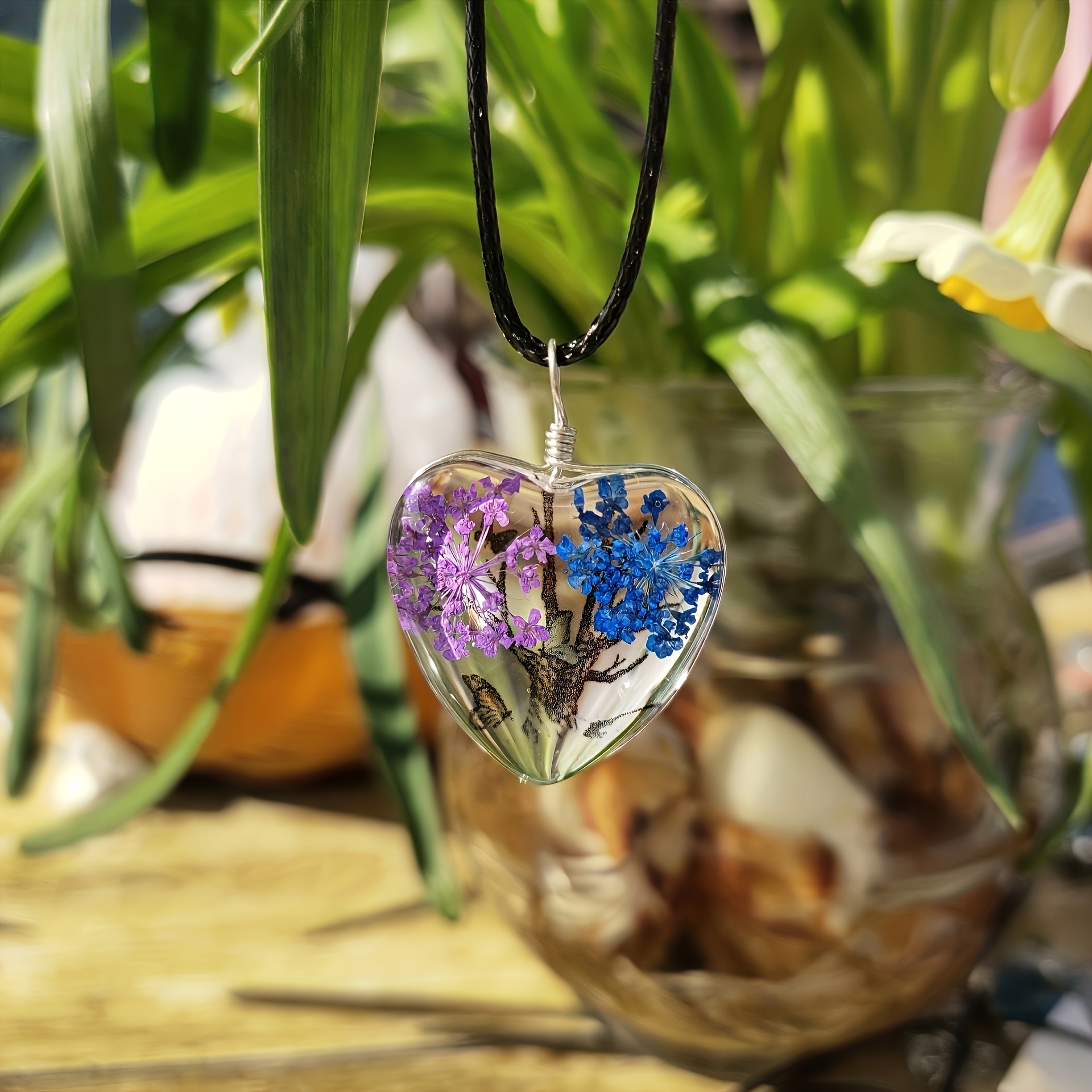 10pcs Heart-Shaped Glass Flower Tree Pendant Necklaces, Adjustable Cord