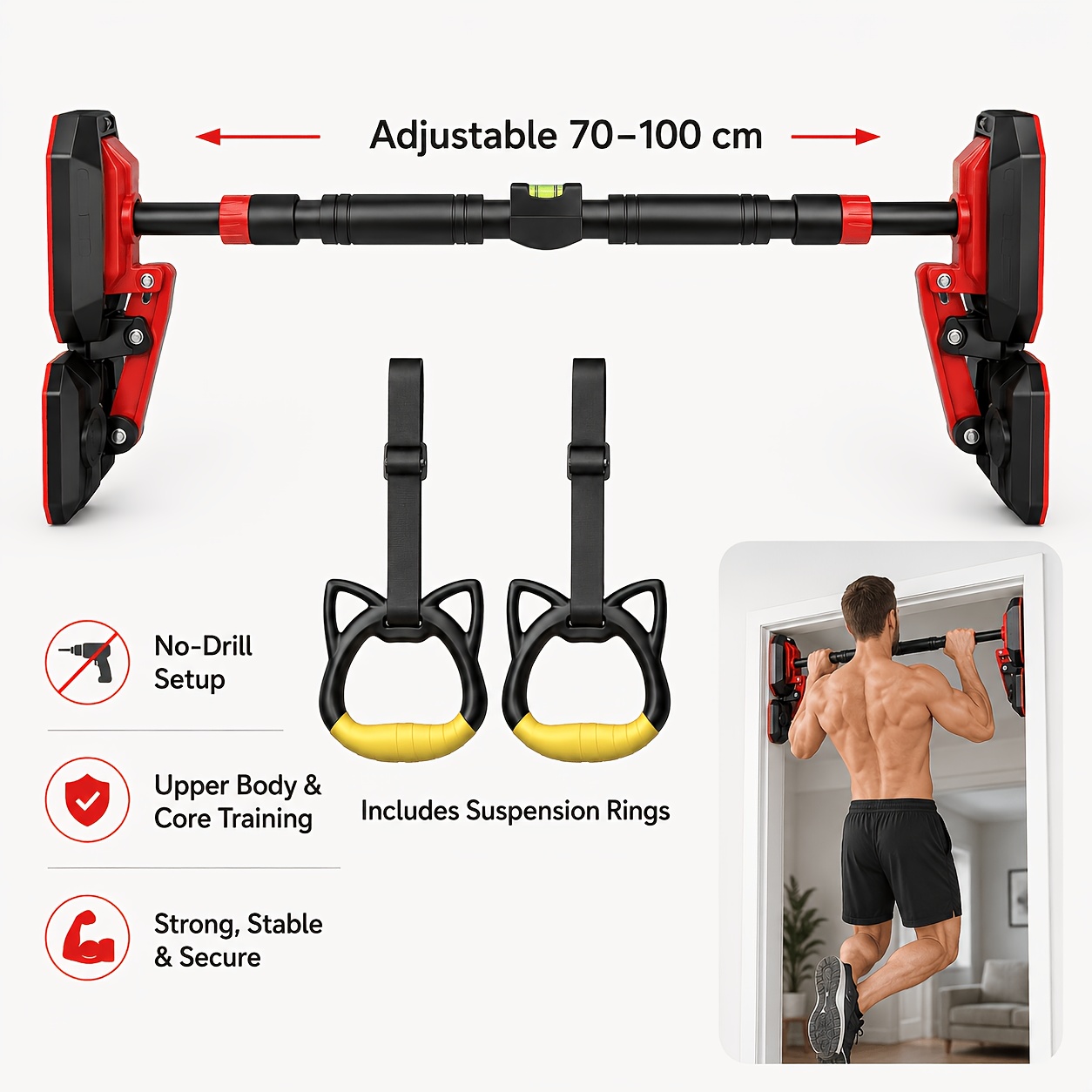 Image of Adjustable Doorway Pull-up Bar 70-100cm, No-drill Chin-up Bar With 2 Suspension Rings, Anti-slip Home Gym Fitness Trainer For Upper Body & Core Workout