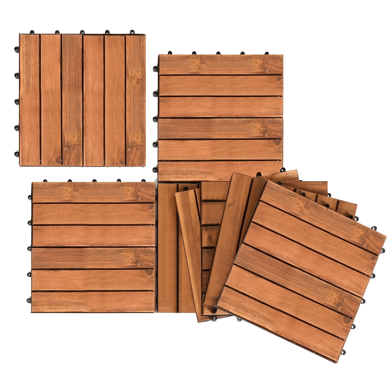 11-55pcs Of Wooden Tiles For And , Acacia Wood Snap-fit Tiles 30x30 Cm With Drainage System, 6 Slatted Tiles (11pcs Per ), Outdoor Flooring, Without Tools