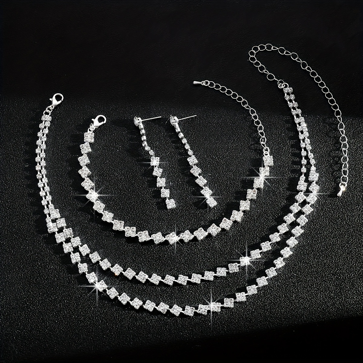 Sparkling Rhinestone Double Layer Necklace and Earrings Set for Bride