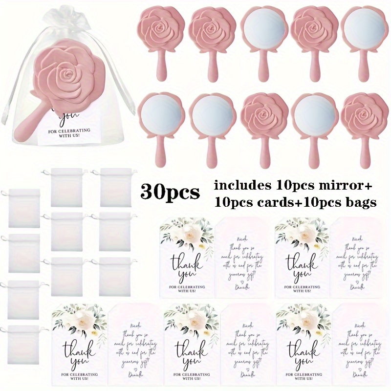 TEMU 30pcs/10 Sets Of Banquet Souvenirs Bridal Shower Favors Rose Design Mirrors Plastic Compact Mirrors Bridal Thank You Cards With Organza Bags Party Gifts