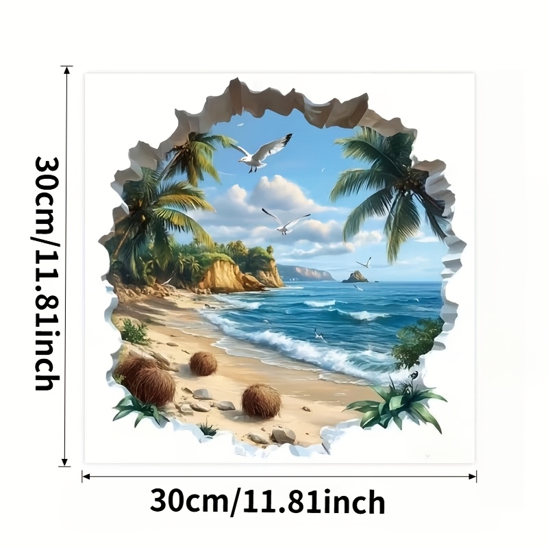 Image of 2d Flat - 2d Flat - 2d Hole Effect Beach Scene Toilet Stickers For Unique Bathroom Decor, Self-adhesive Toilet Decals