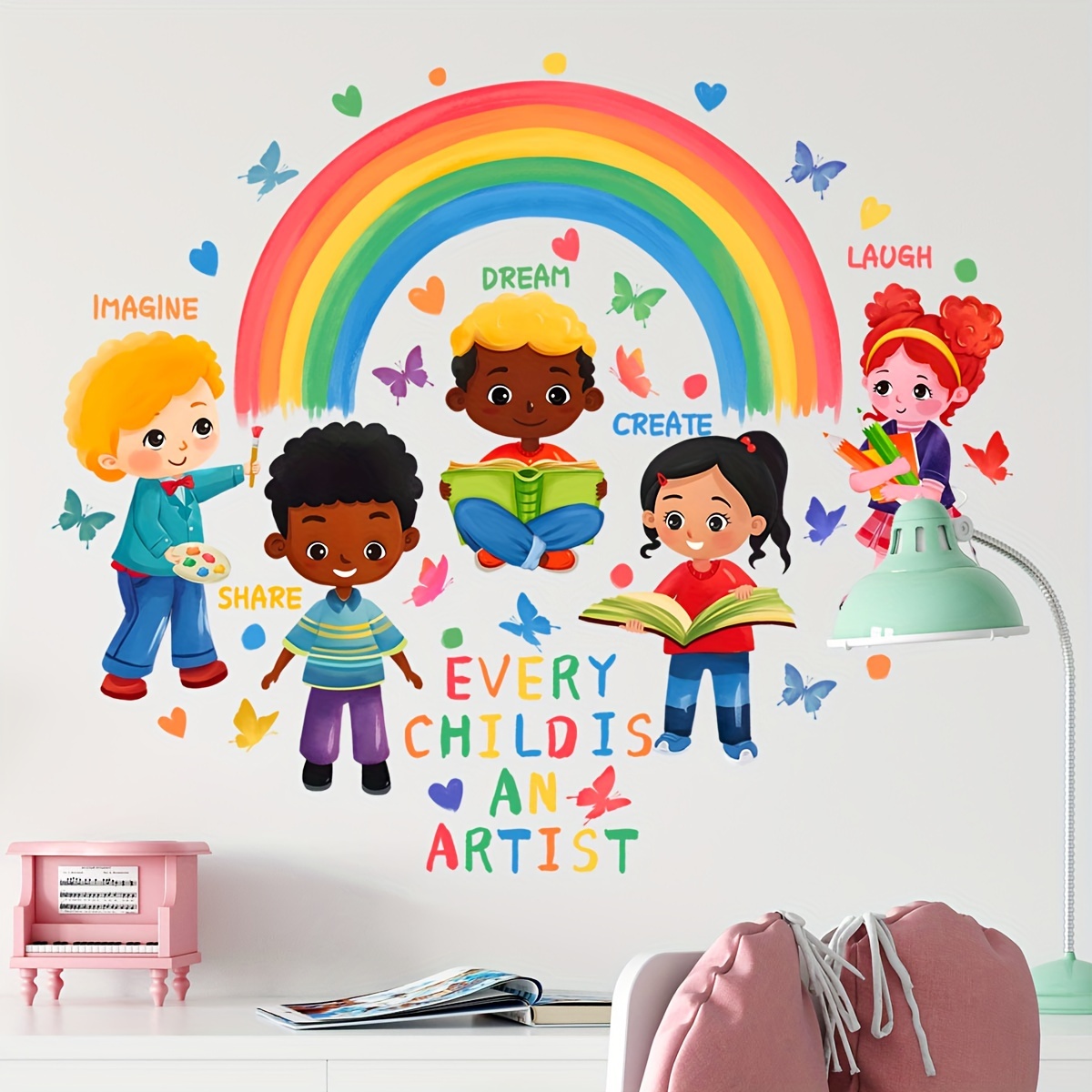 

Contemporary Children's Room Wall Stickers, Rainbow & Butterflies Motif With Playful Characters, Self-adhesive Pvc Decals, Single Use, Irregular Shape – Set Of 2 (30cm X 60cm Each) Ms4400-zc