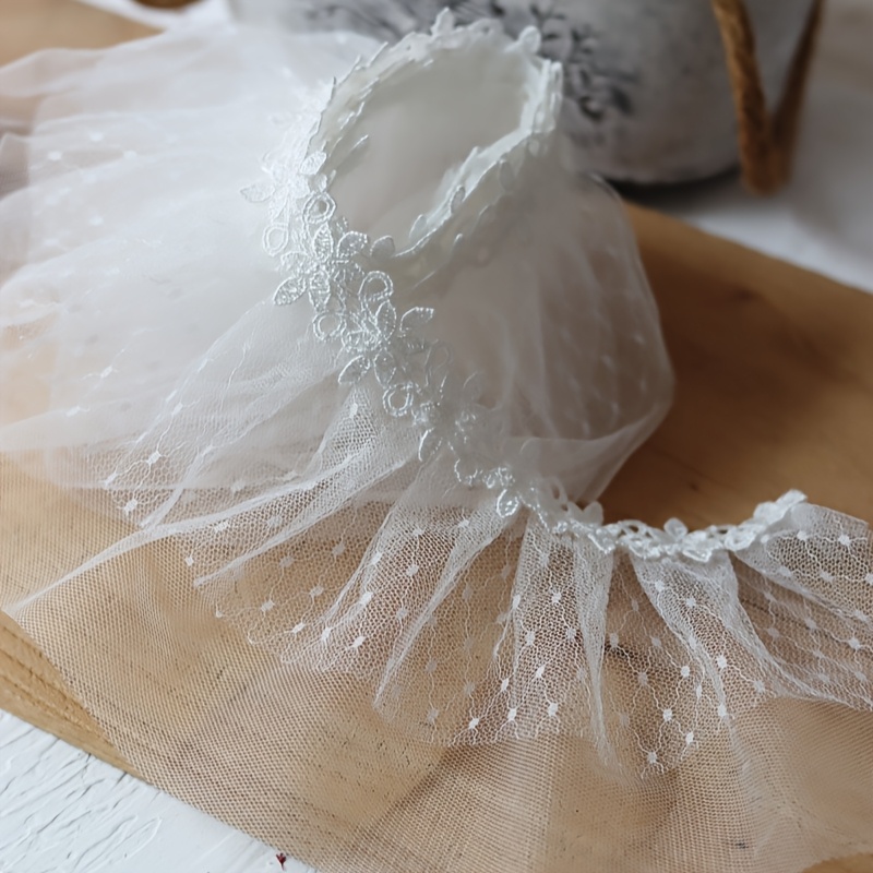 Image of 5.12in/13cm Wide White Water Soluble Lace Trim Auxiliary Material Double-layer Mesh Ruched Material Cloth, Skirt Trim, Additions, Handcrafts