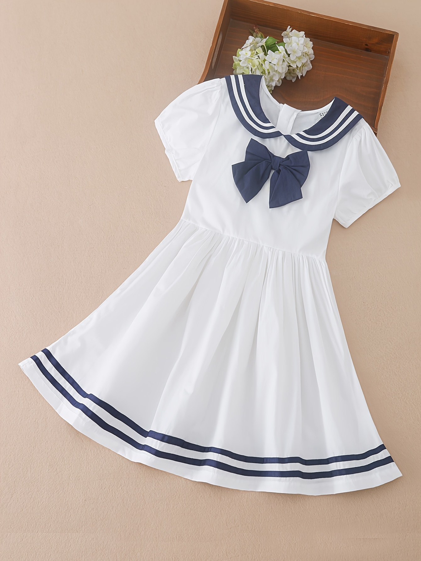 Girls' Short Sleeve 100% Cotton Dress, Summer Navy Sailor Collar, Preppy  Style, Lightweight School Uniform, Kids Fashion