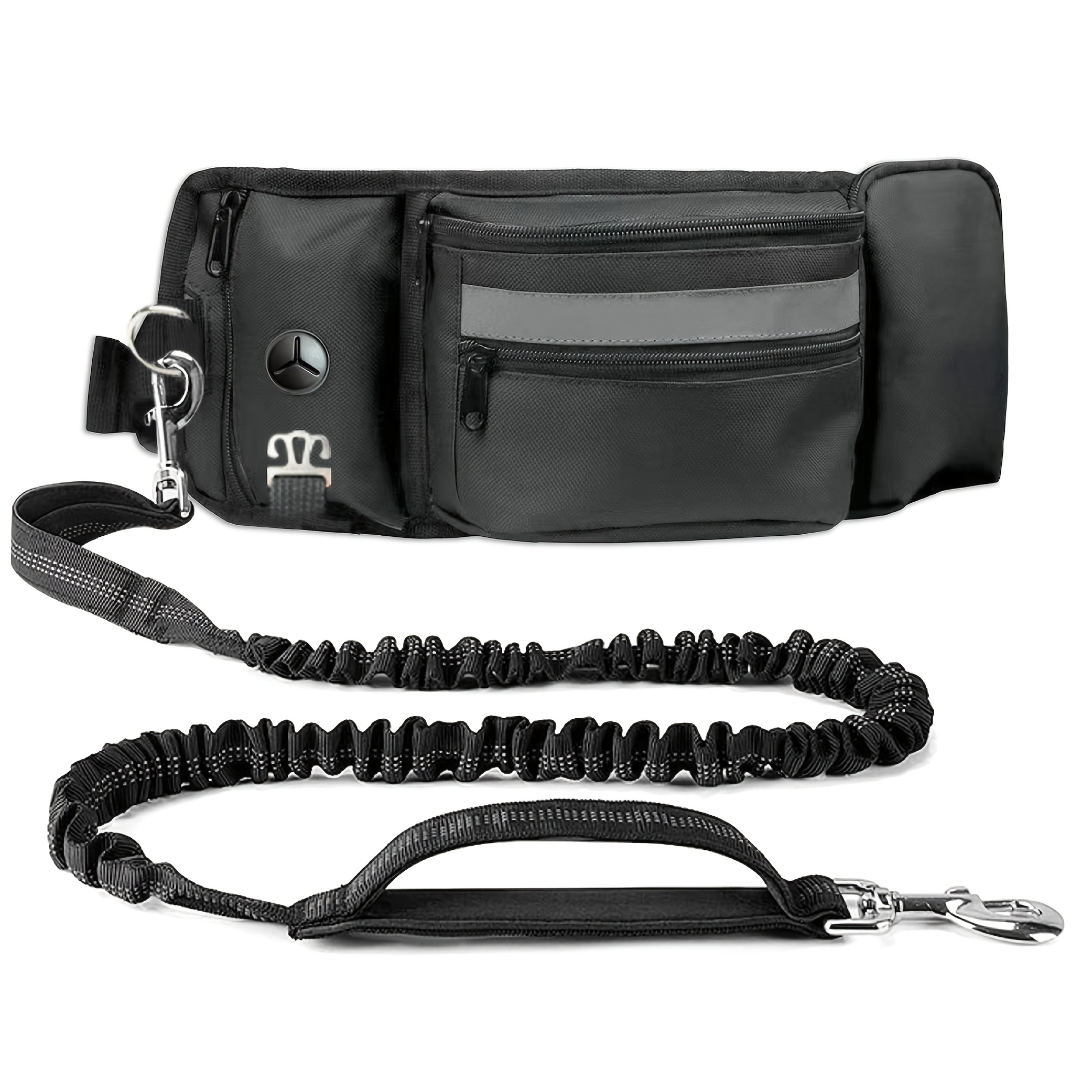TEMU Dual Dog Leash With Waist Pouch, Adjustable Bungee & Dual Padded Handles For Walking, Jogging, And Running - Black Nylon Leash With Secure Clip Attachments