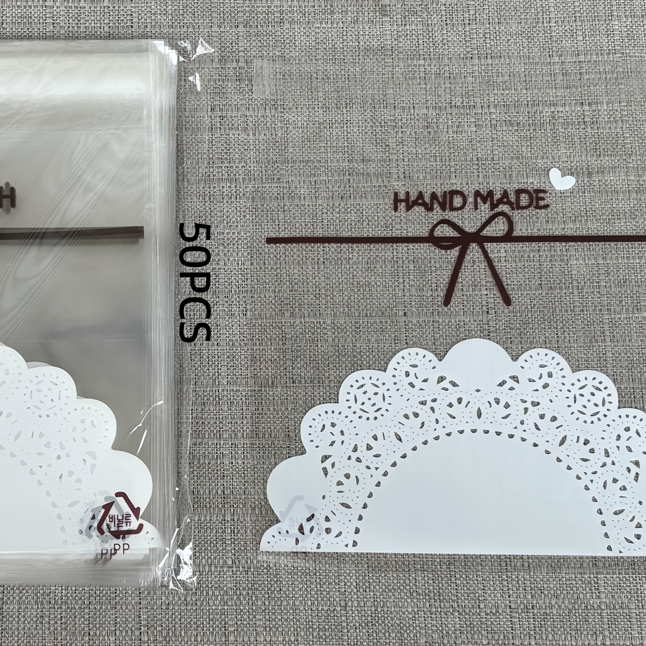 TEMU Weiße Spitze Schleife Transparent Selbstklebende Beutel Plastik OPP Verpackungsbeutel Schmuck Geschenk Verpackungsbeutel 50/100 Stück
