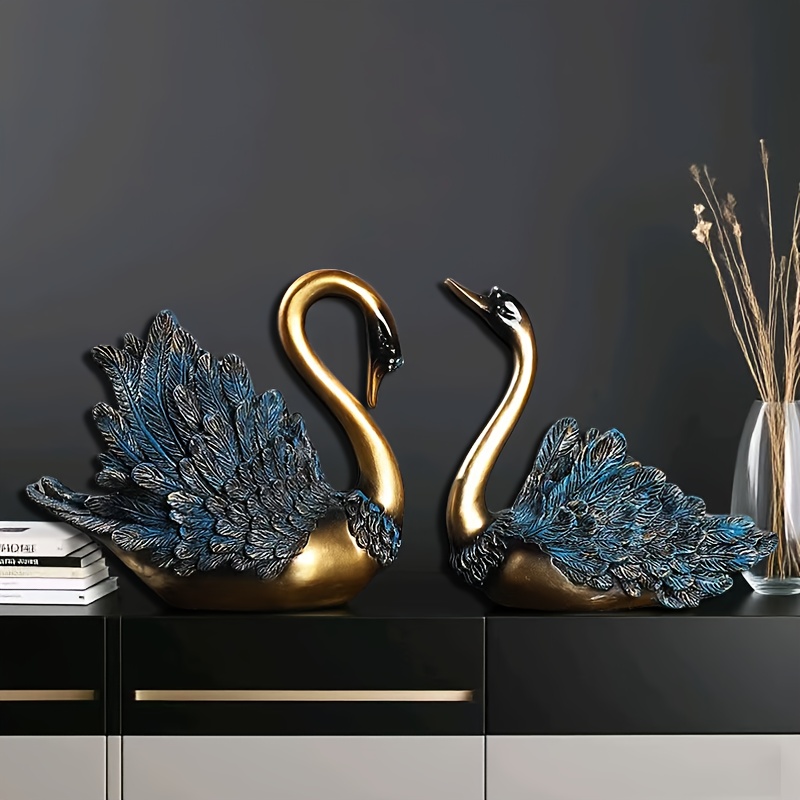 A Pair of Swan Statues – Luxurious Golden And Blue Resin Decorations for Living Room, Wine Cabinet, And TV Cabinet | Modern Home Decor Swan Decorations Desktop Ornaments Restaurant Wall Decorations Wall Stickers Decoration Office Entrance Ornaments