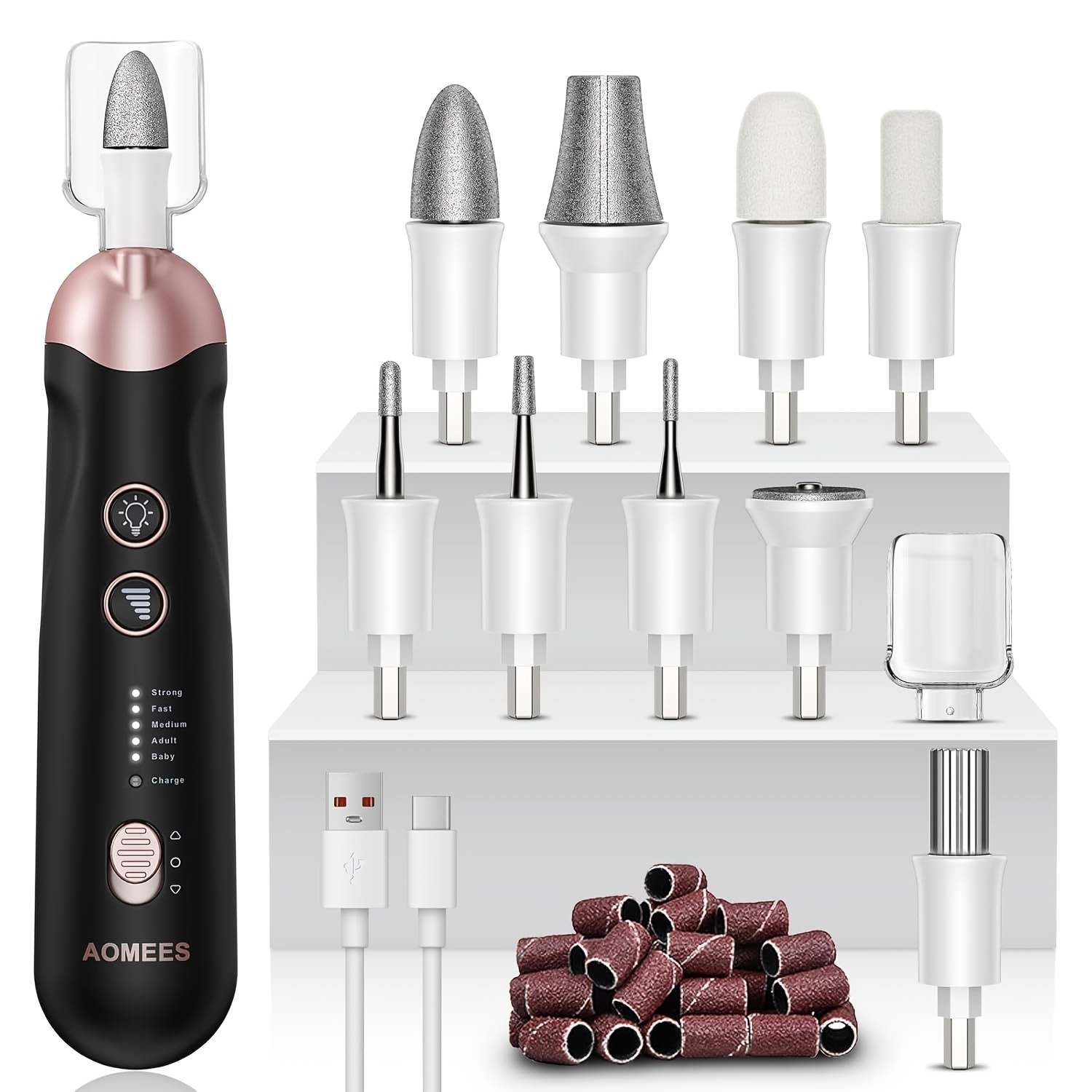 TEMU Electric Nail File Kit, Rechargeable Professional Manicure Pedicure Kit, 5 Hand Foot Care Tool For Nail Grind Trim Polish - With 100pcs Fine Grit Nail File Sanding Tape