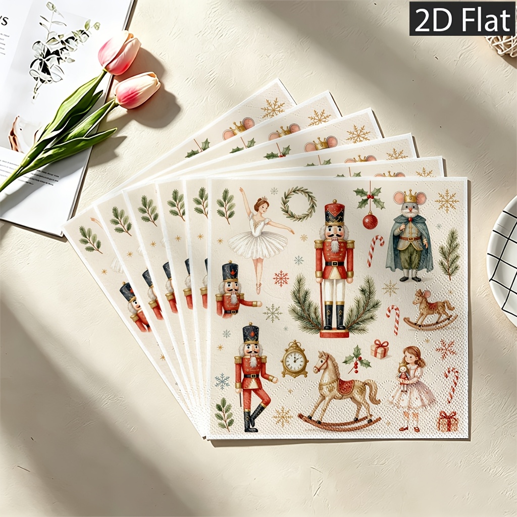 TEMU 2d Flat 20pcs Vintage Nutcracker Fairy Tale Characters Festive Napkins, Disposable Paper Napkins, 2-ply For Extra Durability - Weddings,