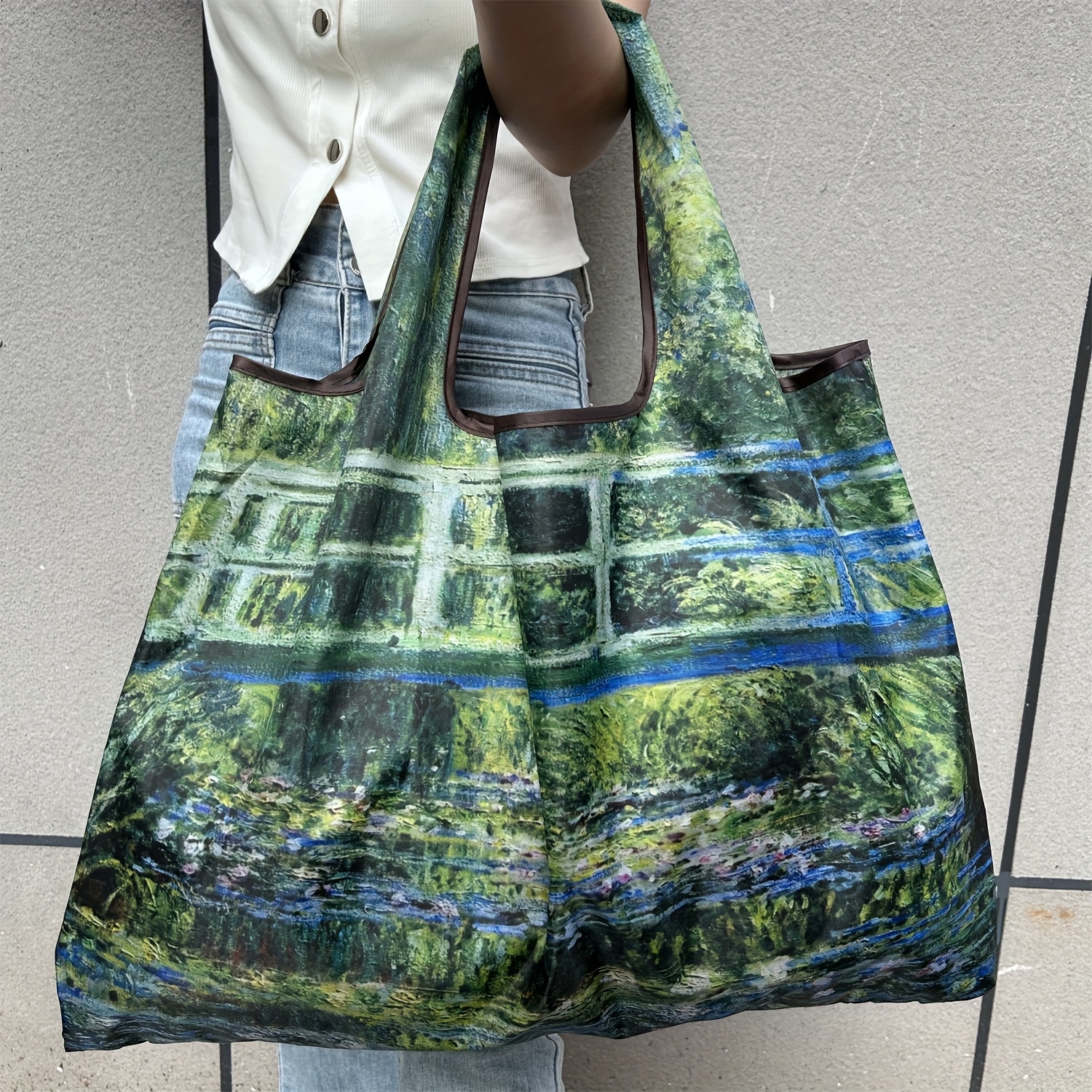 Large Capacity Portable Shopping Bag, Lightweight Oil Painting Water Lily, Foldable Tote Bag, Single Shoulder Handbag