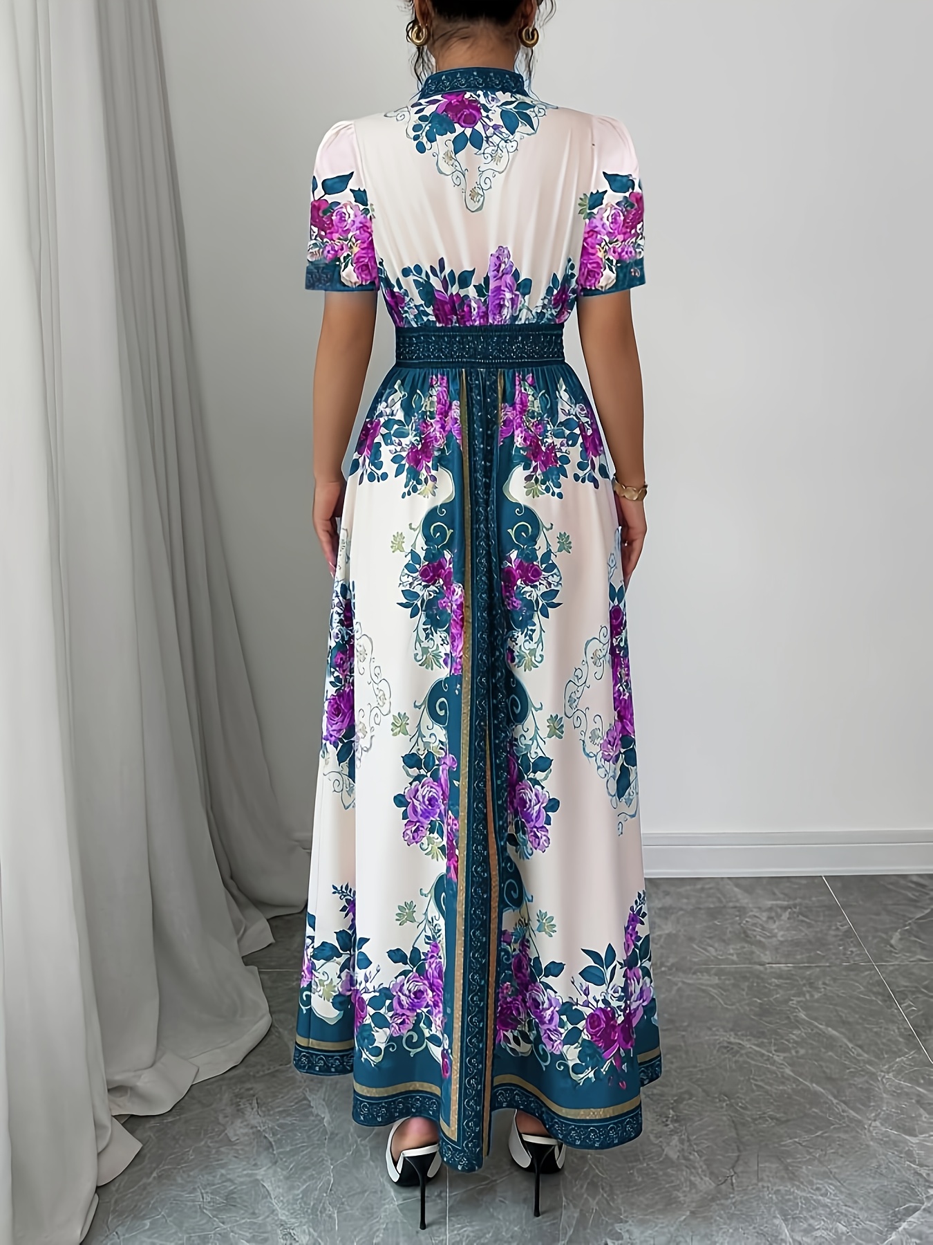 womens floral print elegant a line dress with stand up collar puff short sleeves machine washable summer long dress with side   regular fit for casual formal occasions cute dresses Product details 11