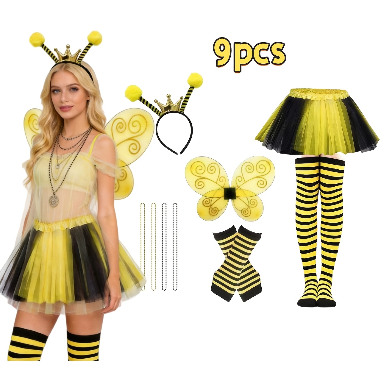 TEMU Ensemble de costume d'abeille pour femmes, 9 pièces. Comprend des ailes, une jupe tutu en , un bandeau, des bas et des ajouts rayés, idéal pour