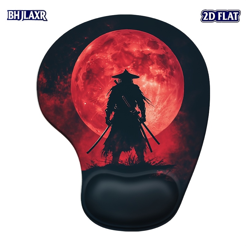 TEMU 1 pieza de almohadilla de ratón con muñequera de silicona 2D plana de samurái bajo la luna roja (8.98x7.56in) - Ergonómica de PU antideslizante,