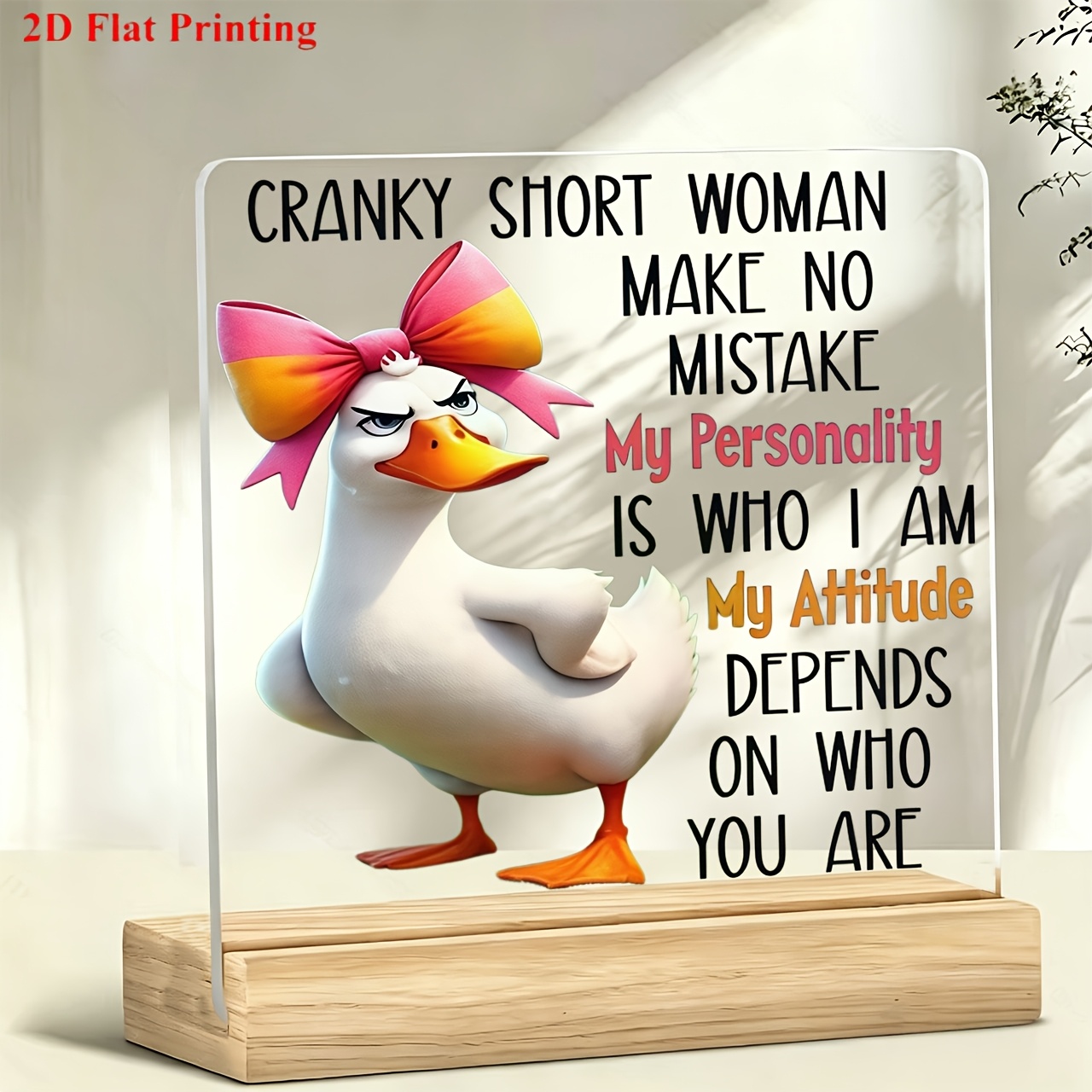 TEMU 1pc Acrylic Desktop Decorative Standee, Cartoon Duck With Bow Tie, " " Paperweight, Desktop Decoration, Suitable For Work, Study, And Bar