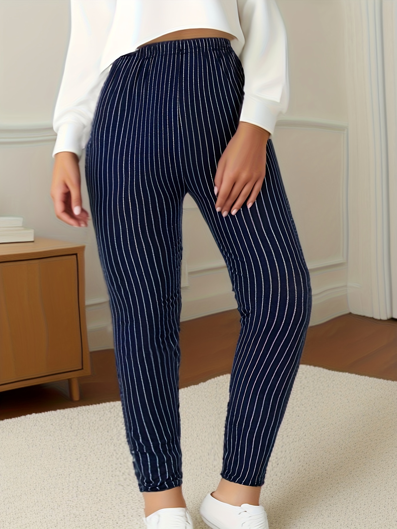 Women'S High Waist Striped Polyester Spandex Leggings, Casual Stretchy Cropped Skinny Pants, Knit Fabric, for All-Season Comfort, Weekend Casual Wear