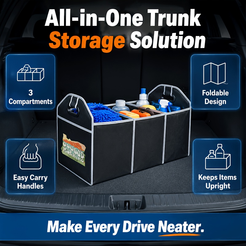 TEMU 1pc From Pattern Print Universal Car Trunk Organizer Portable Foldable Auto Storage Bag With 3 Compartments For Suv Truck Van Sedan Wait Vehicle