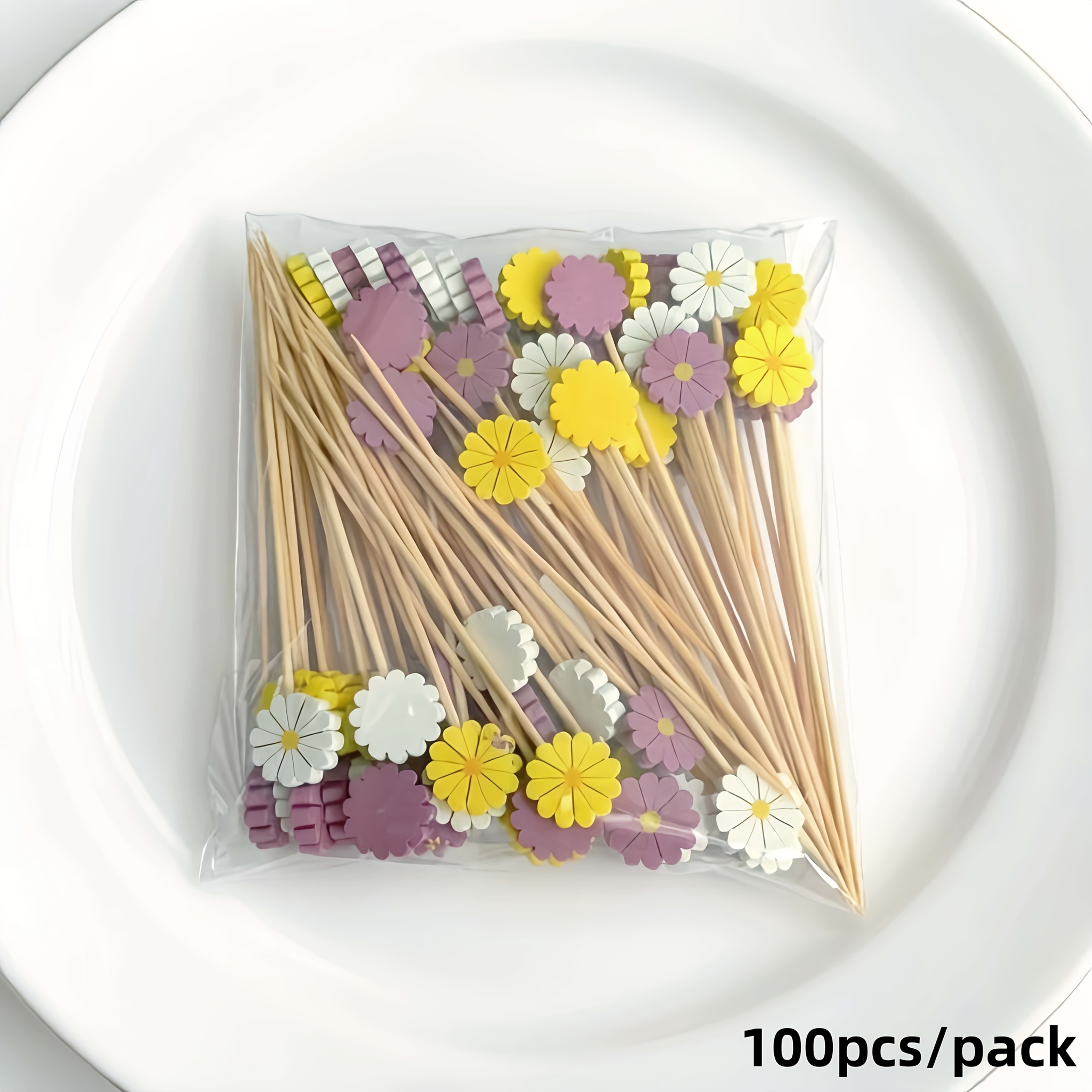 Image of A Pack Of 100 And Vibrant Mixed-color Daisy Tags (12.5cm/4.92in) For Disposable Use, Perfect For Decorating Cocktails, Fruits, Desserts, Cakes, And Suitable For Bars, Restaurants, And Themed Parties