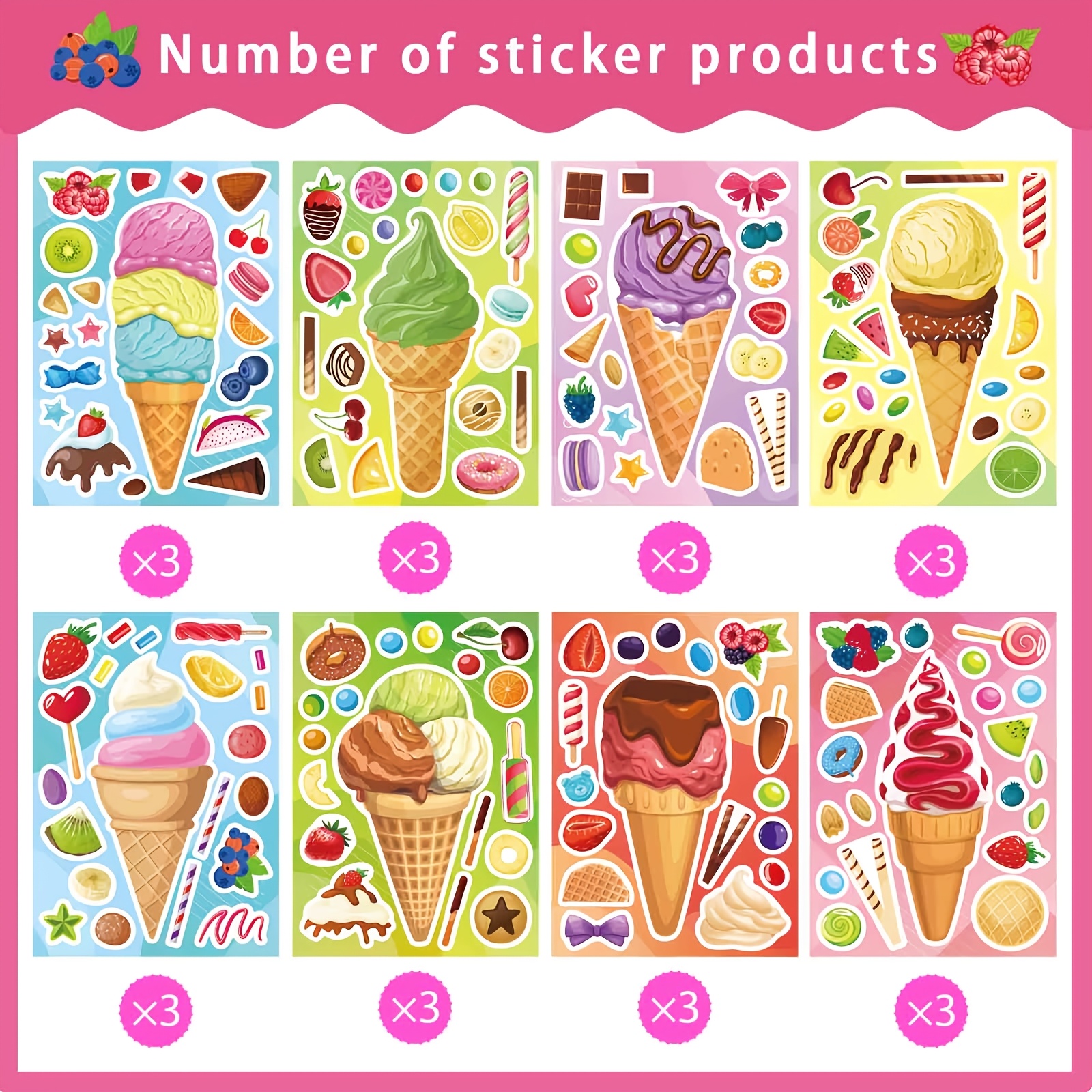 Image of 24 Sheets Make Your Own Ice Cream Stickers For Kids Stickers Make-a-face Stickers For Kids Party Favors, Summer Theme Ice Cream Sticker For Hawaii Tropical Party Decoration