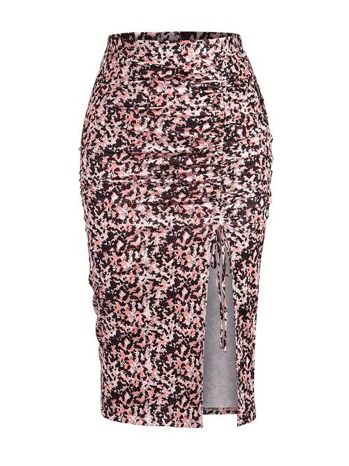 plus size womens plus size elegant vintage floral print elastic waist slit drawstring skirt suitable for vacation and casual wear