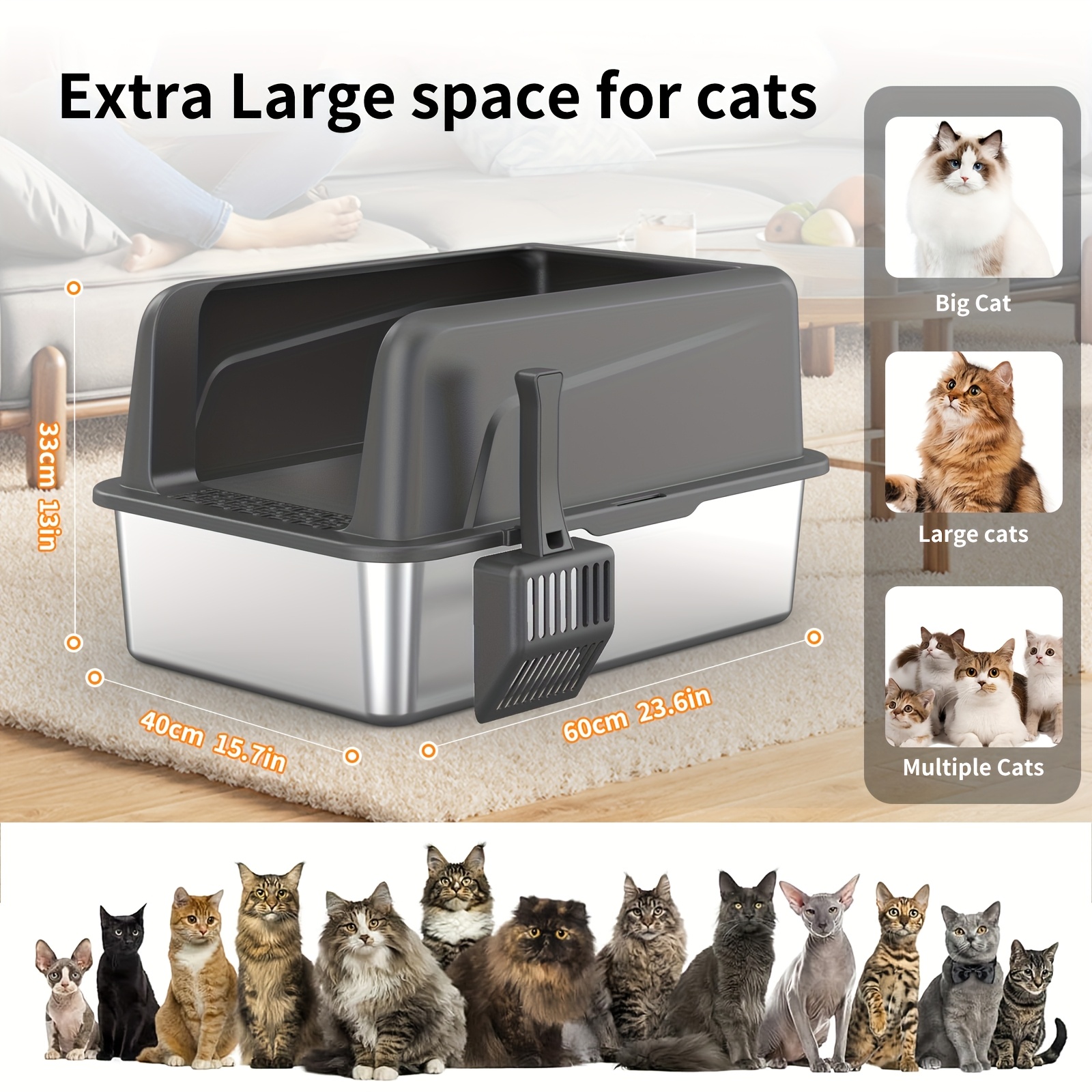 Extra Große Katzentoilette Aus Edelstahl – 57,9 X 41,1 X 42,2 Cm – Mit Deckel & Doppeltem Eingang – Auslaufsicher & Geruchsfrei