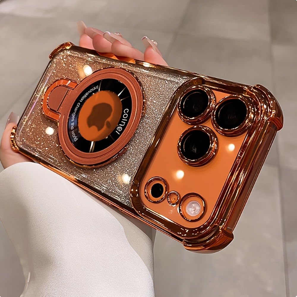 Image of Phone Case - -anti-drop Bracket Electroplated Laser Glitter Phone Case Suitable For Iphone 17 16 15 14 13 12 Pro Max Air Anti-drop Protective Cover With Bracket, Wireless Charging, Couple Gift