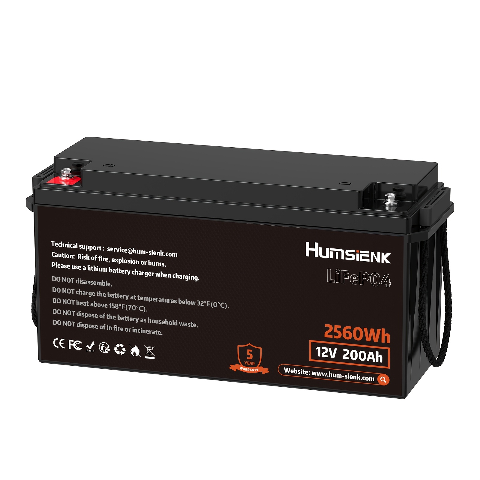 TEMU HumSienk Batterie Lithium LiFePO4 12.8V 200Ah avec Énergie Max. de 2560Wh, Puissance de Charge de 1280W, BMS Intégré de 100A, Durée de Vie de 10