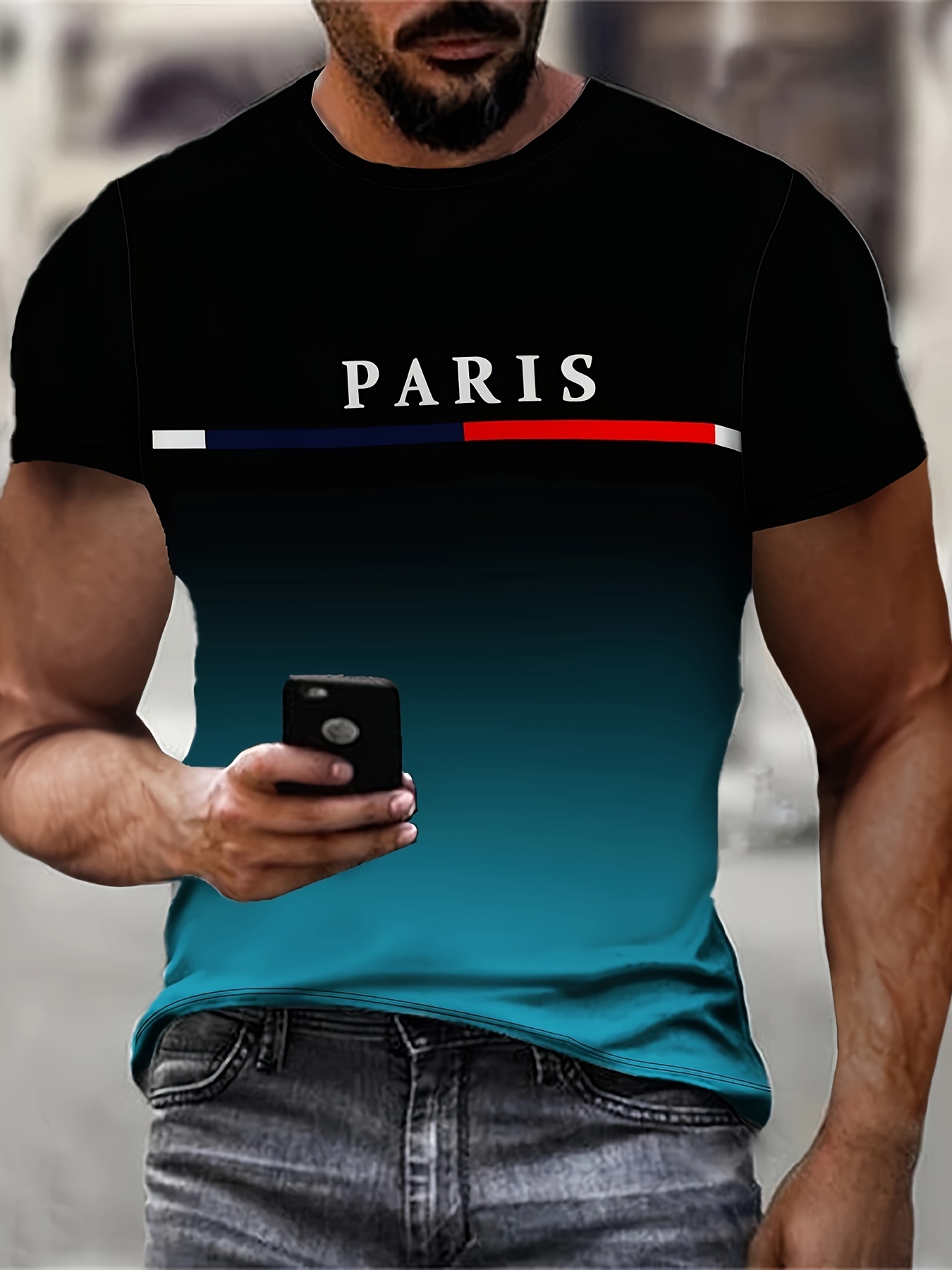Men's Gradient Color Paris Graphic Print T-Shirt Short Sleeve Crew Neck Tee Men's Clothing For Summer Outdoor