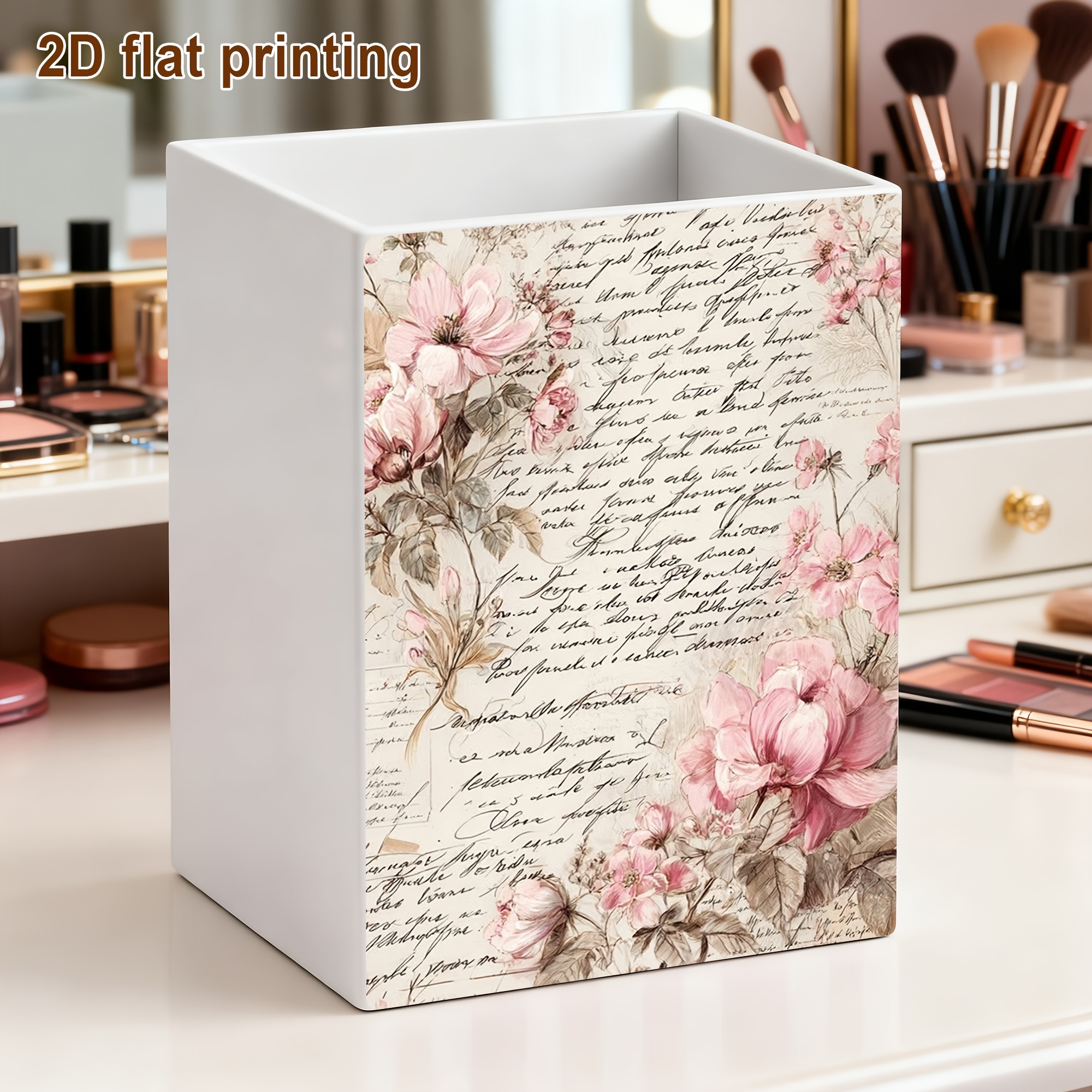TEMU 1pc Floral Script Small Desktop Organizer Bin (2d Flat Printing), Minimalist Square Storage Container, Pen Holder, Cosmetic Storage Cup, Office
