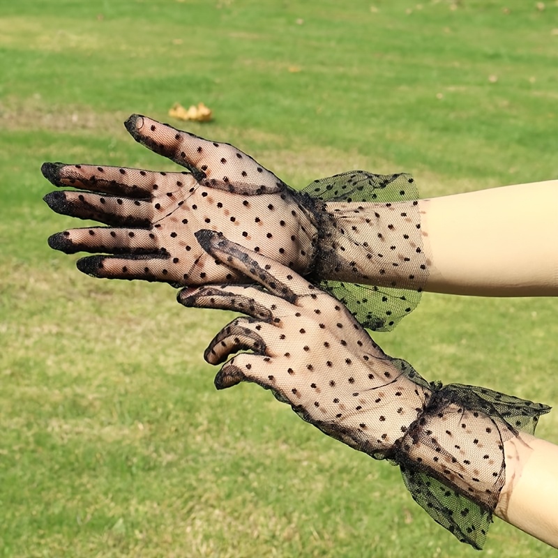 TEMU 1 pièce Gants pour femme en de gaze , mitaines courtes amples en tulle de dentelle transparent à pois noirs et blancs, à doigts complets et -UV