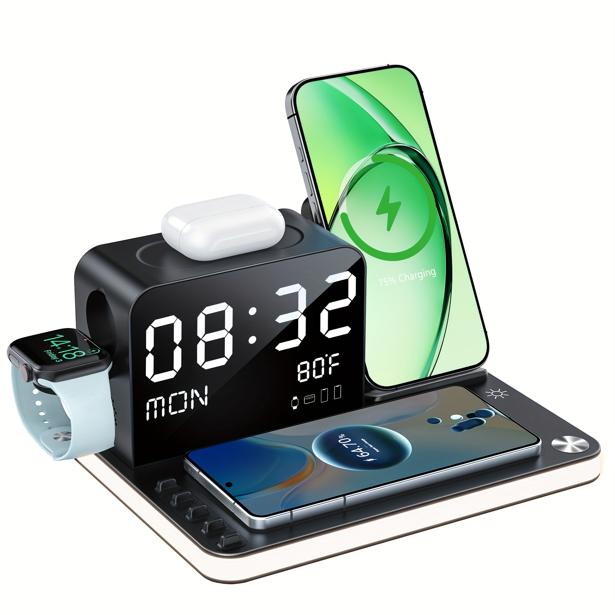   7 in 1 dual phone wireless charging station with night light phone holder phone   time week temperature display 30w adapter for iphone   and iwatch fast charging dock with   wired output creative gifts