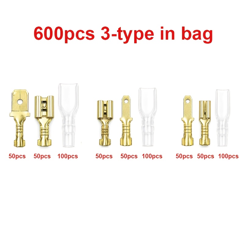 TEMU 600pcs 2.8/4.8/6.3mm 3 Types Male And Female Spade Quick Crimp Terminals 0-36v Golden Connectors With Insulated Sleeves Wire Connectors