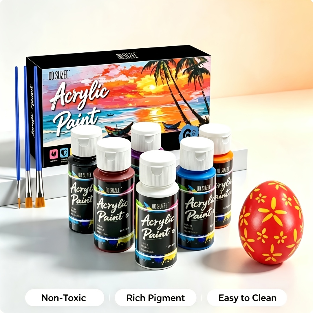 TEMU 6 Colors Acrylic Paint Set, 2 Fl Oz (60ml) Each Bottle With 3 Paint Brushes, Non-toxic High Pigment Acrylic Paint For Rocks, Canvas, Fabric,