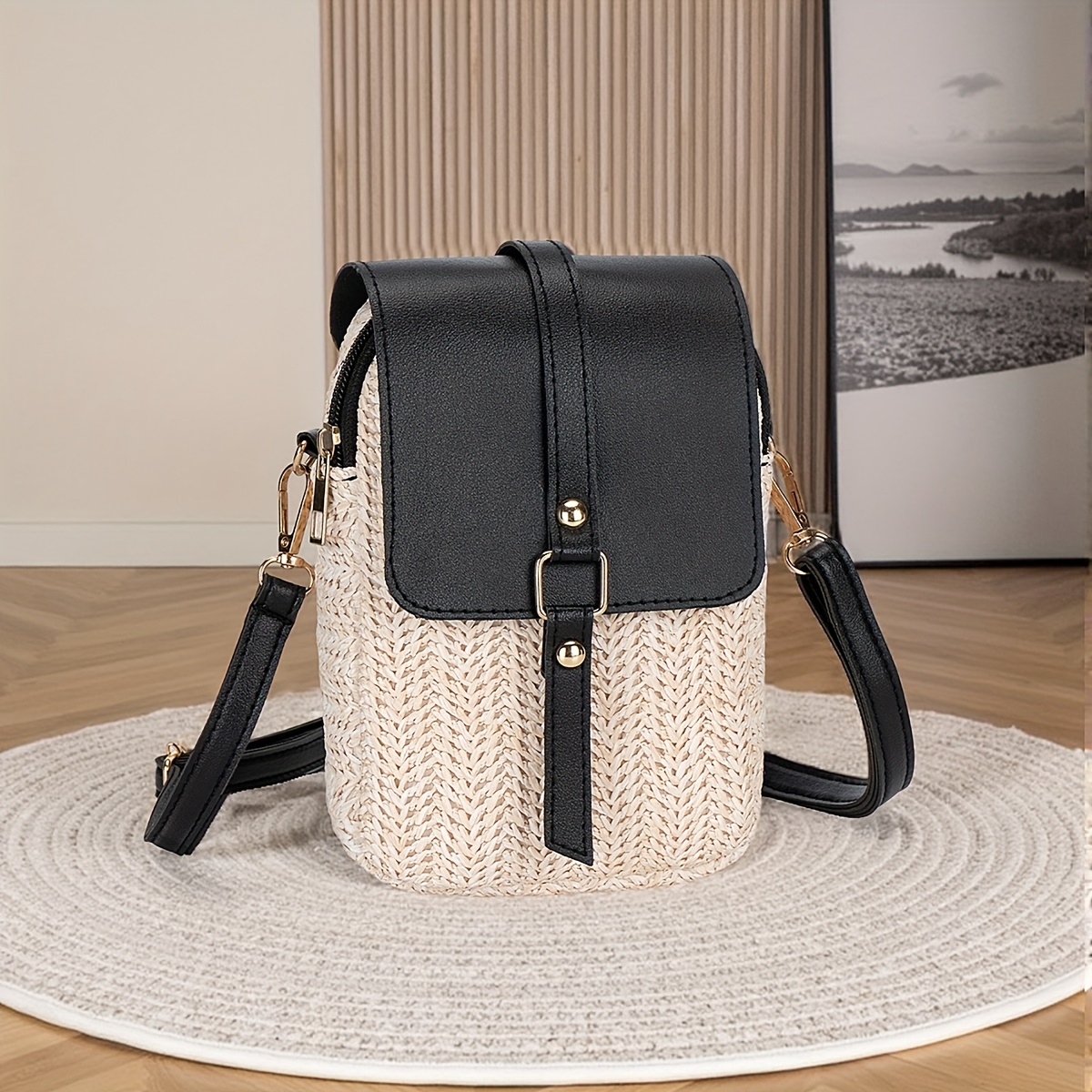 E-shop Modische Handytasche für Damen, gewebte Strohtasche, Schulanfang-Schultertasche, Umhängetasche für Schülerinnen, Damen-Geldbörse, geeignet für