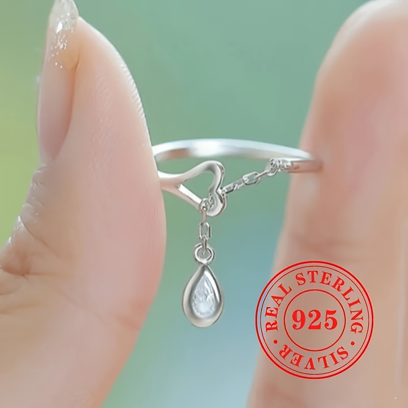 

925 Sterling Silver Elegant Love Heart Chain Ring, Elegant Style Water Drop Shape Zirconia Charm Ring, Casual Jewelry Gifts For Women, Ideal For Vacation Party & Banquet Wear