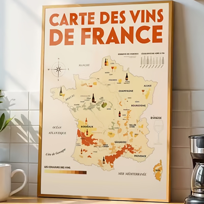 TEMU Affiche Carte Plate 2D des Vins Français - Champagne Alsace, Convient pour Salon, Impression sur Toile Cadre Moderne et , des Régions Viticoles