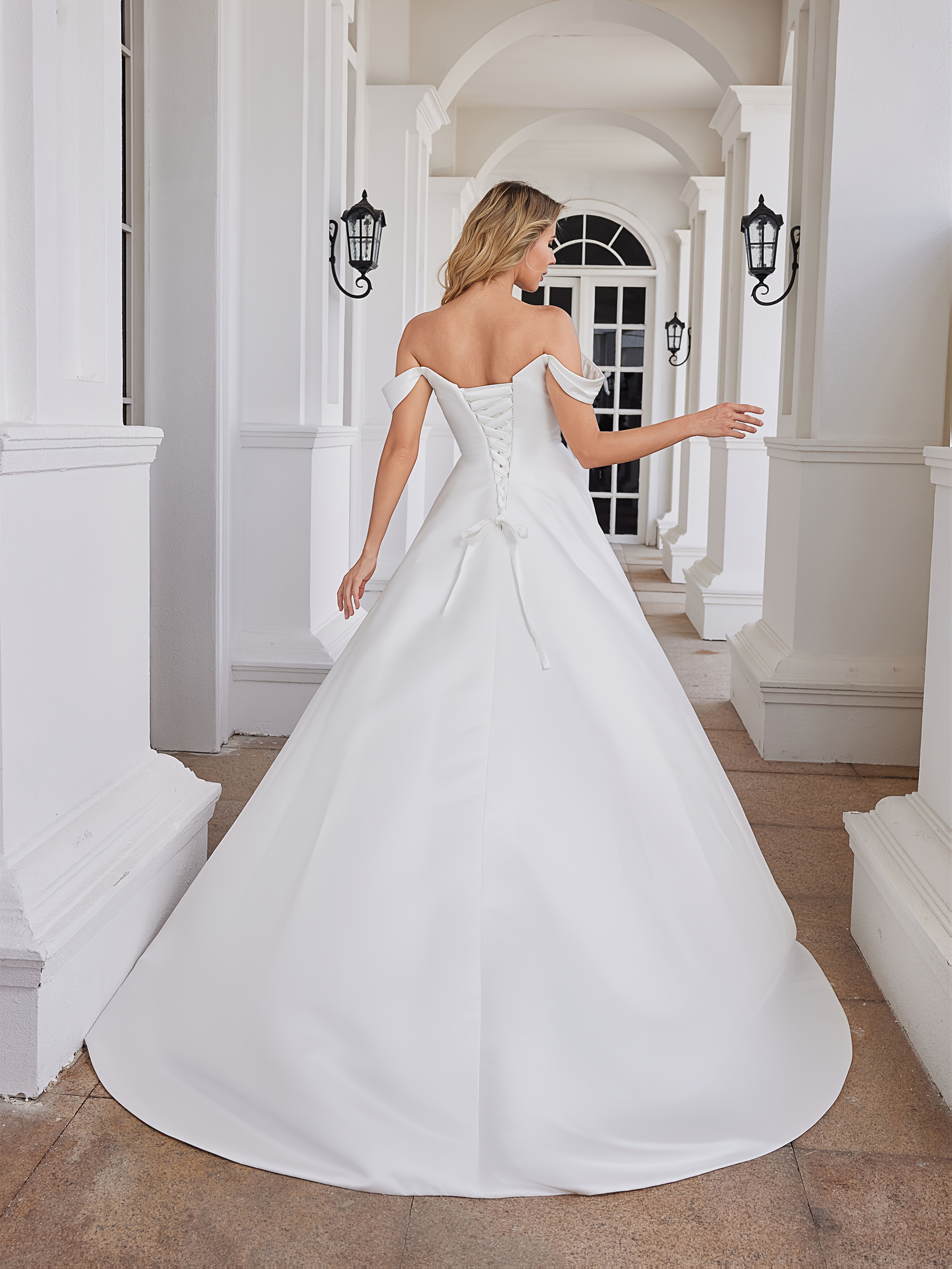 a line fall dress Simple Wedding Gown A Line Satin Off Shoulder – Lisposa main image 0
