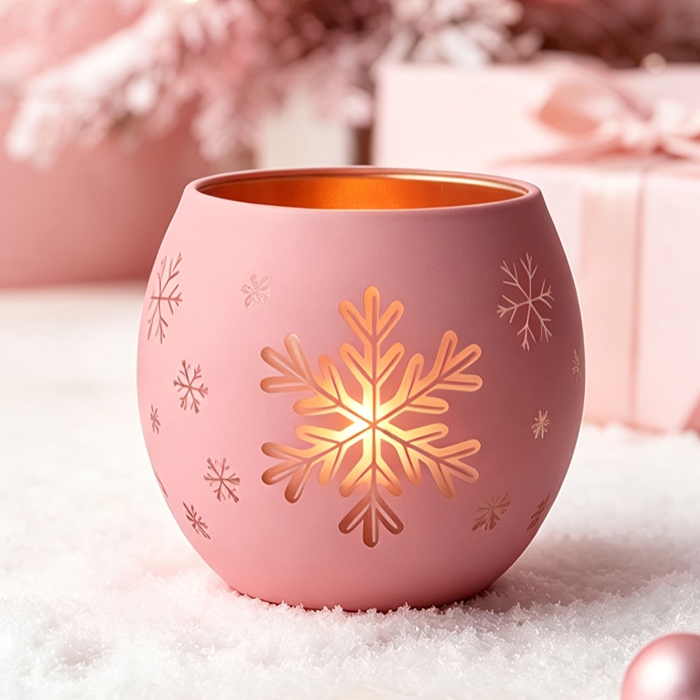 TEMU Glass Candle Holders Suitable For Christmas & New Year - Round Snowflake Tealight Holders With Snowflake Cut-out, Tabletop Centerpiece For Pink