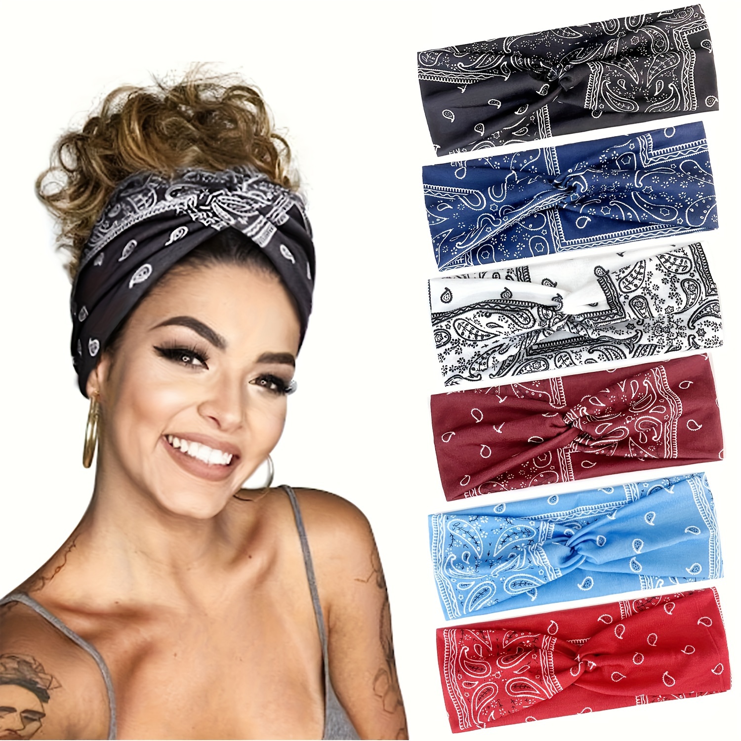 TEMU 6-pack Women's Paisley Print Knotted Non-slip Headband, Bohemian Hair Ties Headscarf, Elastic Yoga Headband, Hair Accessories, Sports & Outdoor Wear, For Running And Daily Use, Breathable,