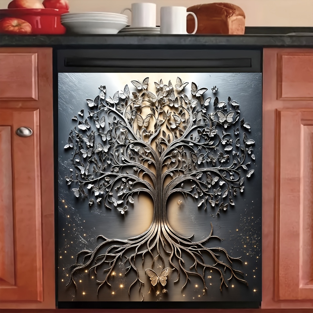 

1pc Magnetic Dishwasher Door Cover, Tree Of Print Theme Print, Indoor Rectangular Dishwasher Trim, Easy To Apply & Clean, Kitchen Trim, 23.03 X 25..