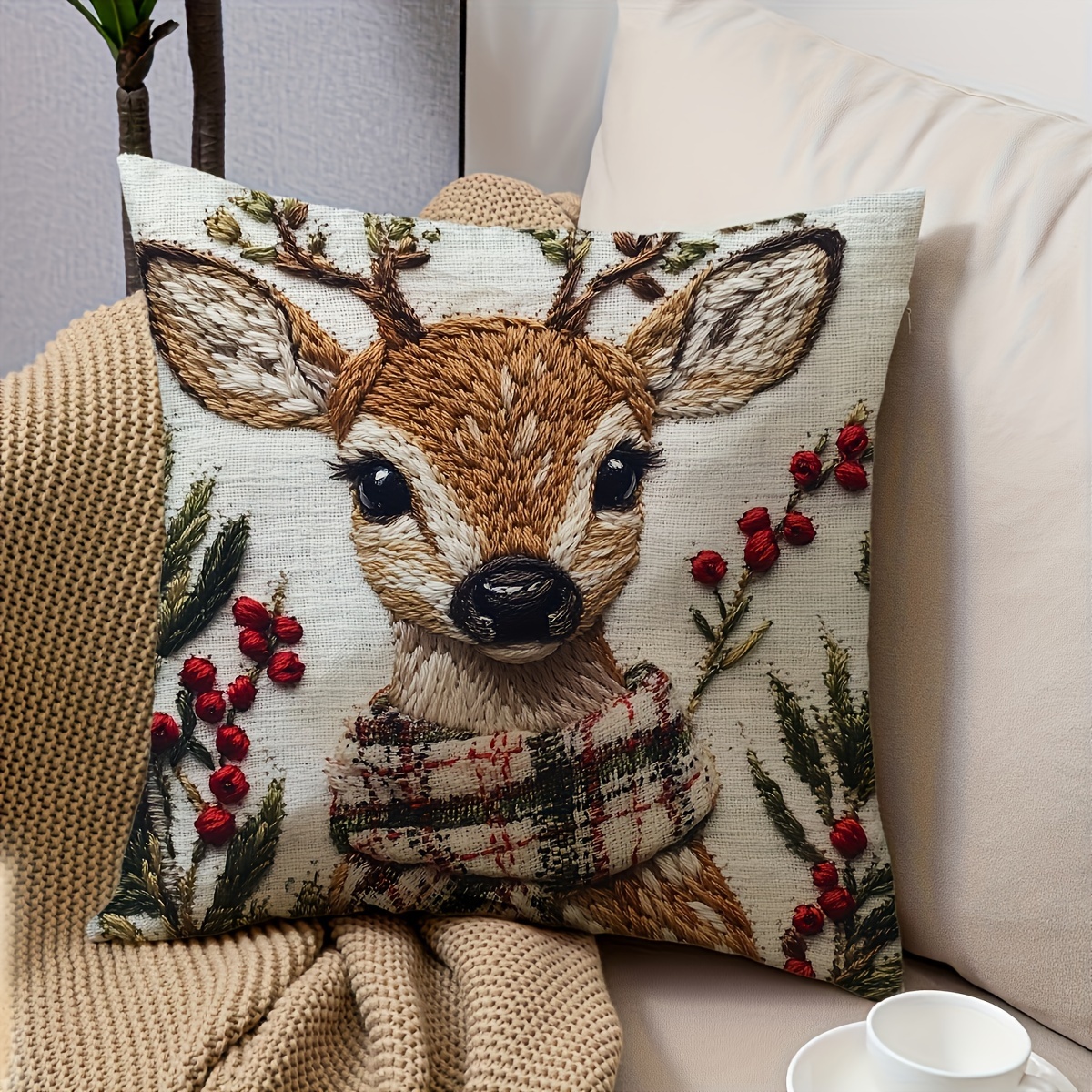 

Winter Christmas Theme Christmas Reindeer 18x18 Inch Throw Pillow Cover - Soft Short Plush, Machine Washable With Zipper Closure For Bedroom & Living Room Decor Pillowcase Without Pillow