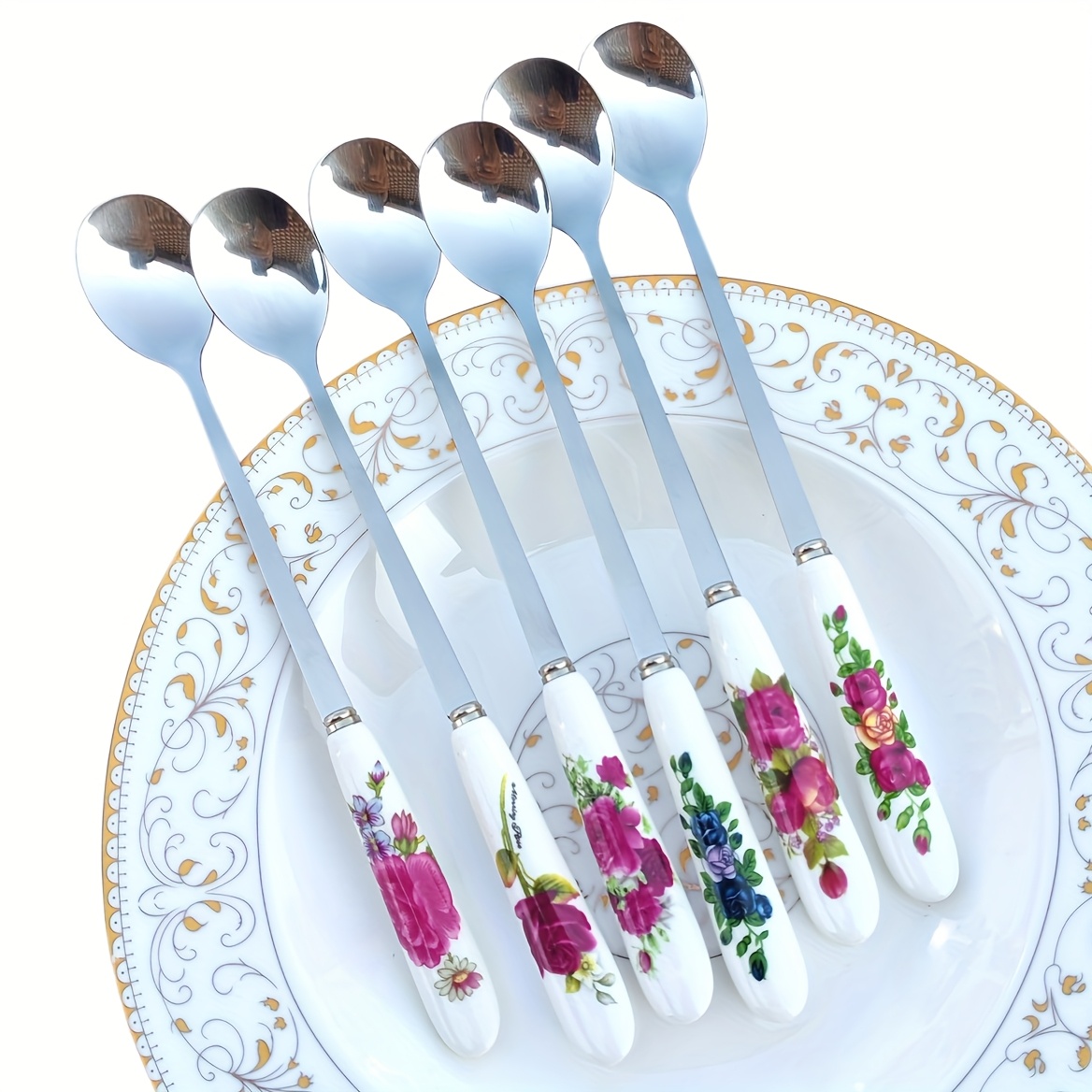 Image of Set Of 6 Elongated Coffee Spoons, Stainless Steel Cutlery, And Attractive Petite Spoons Featuring Vintage Ceramic Handles, Ideal For Stirring Sugar, Honey, Soup, And Milk Tea