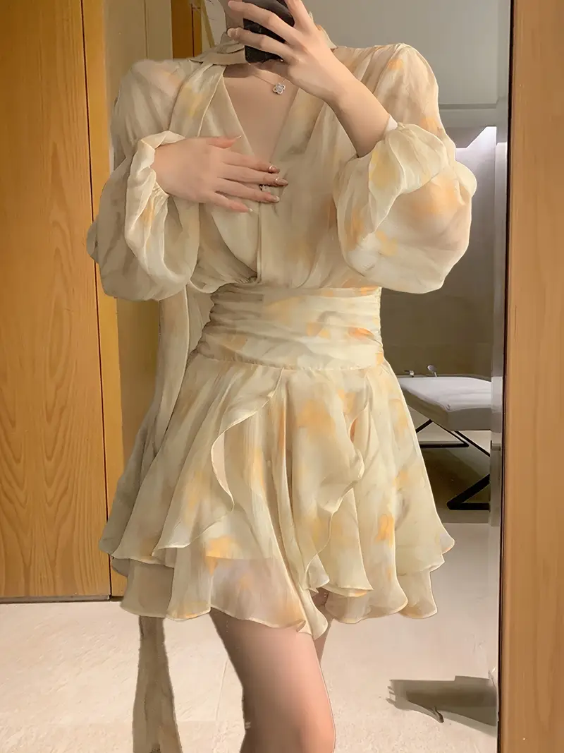 v neck puff sleeve chiffon dress long sleeve summer waist - Temu Oman v neck puff sleeve chiffon dress long sleeve summer waist - Temu Oman