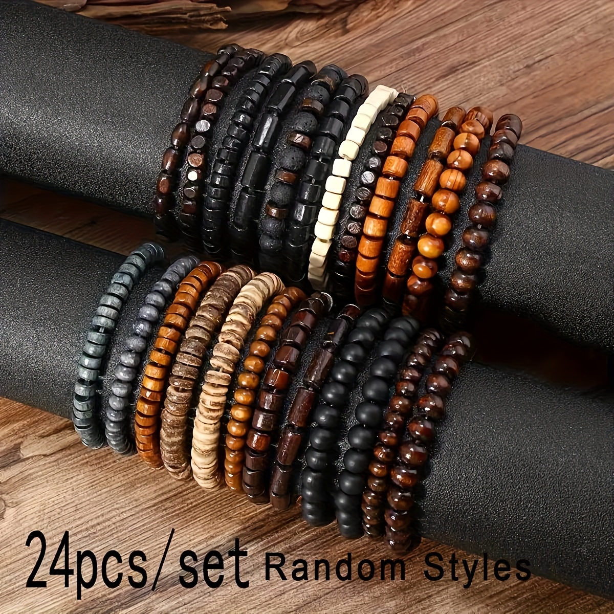 E-shop 24-teiliges/Set Herren Retro Trendy Armband Set, Vielseitiges elastisches Faden Holzperlen Armband (Zufällige Stück)
