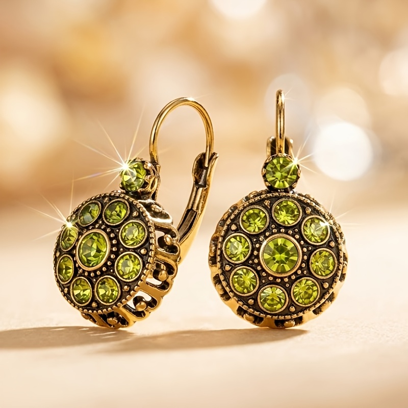 TEMU 1 Pair Retro Elegant Style Inlaid Sparkling Glass Hollow Floral Pattern Round Pendant Women's Earrings, Exquisite And Fashionable, Suitable For